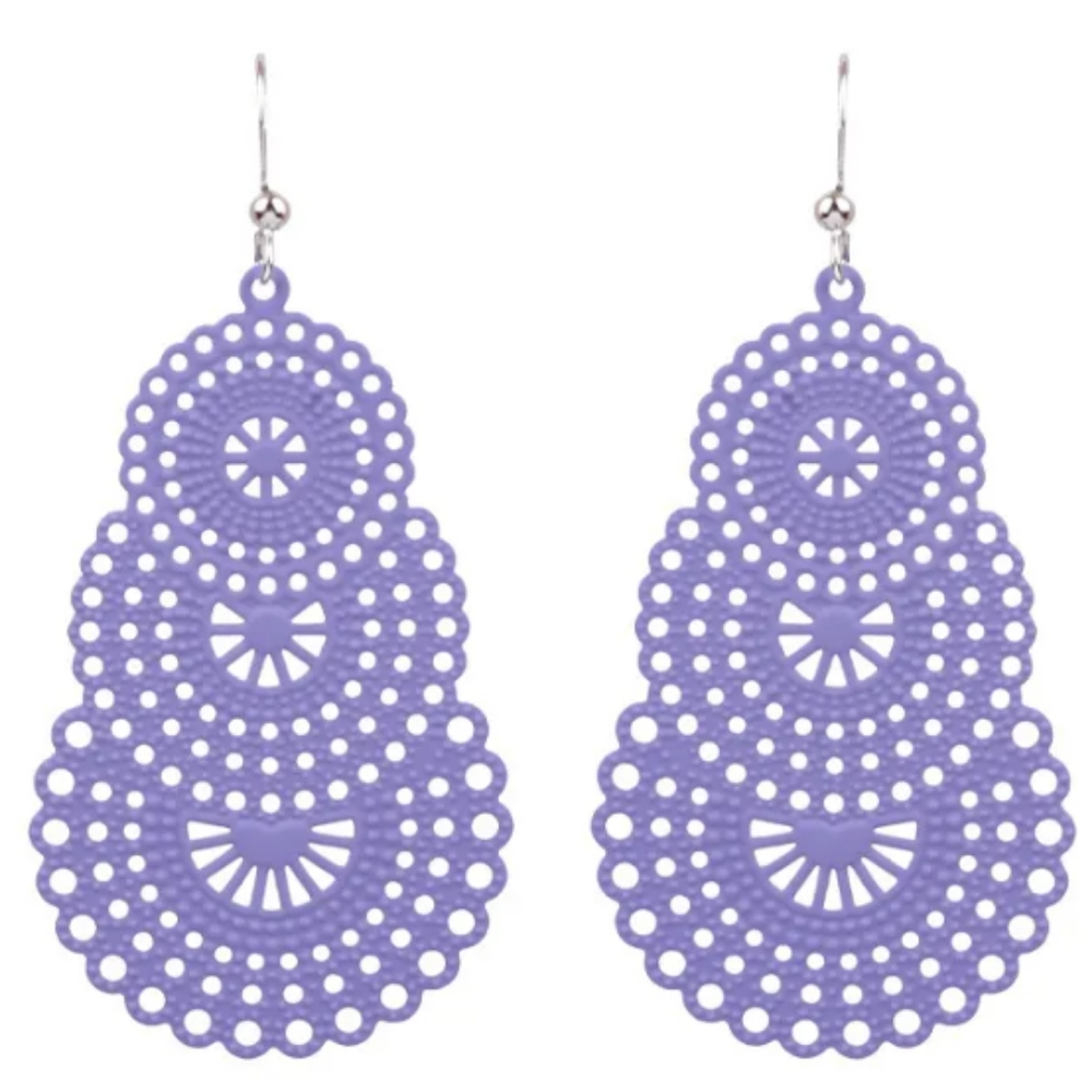 BOGO SALE Lavender Filigree Lace Earrings Purple Bohemian Dangle Boho Metal New